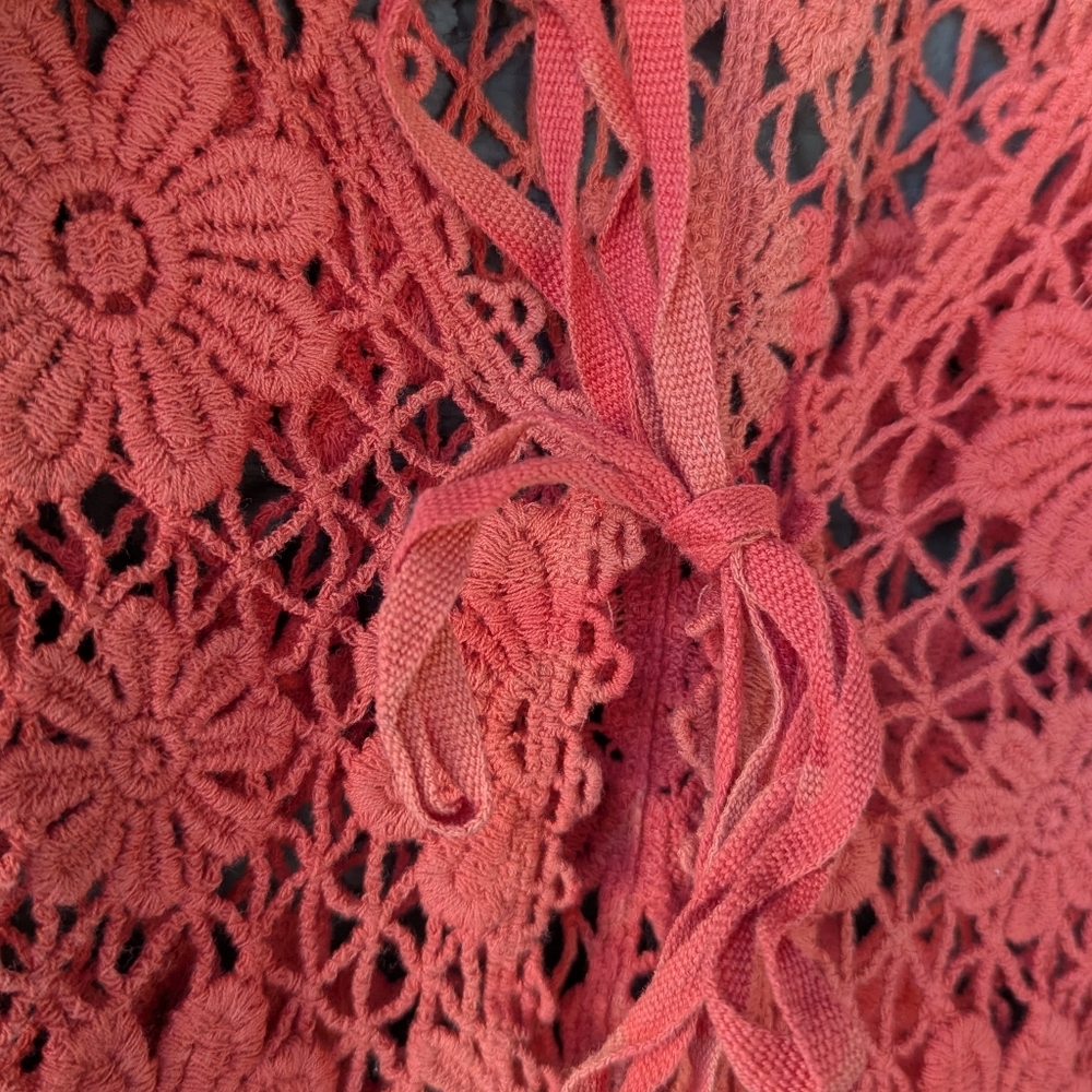 Vicki Wayne Coral Orange Floral Crochet Front Tie Cropped Cardigan Medium Boho - Picture 4 of 10